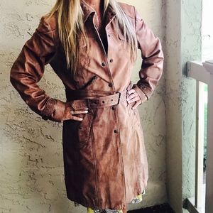 Scully Brown Leather Trench Coat (Large)